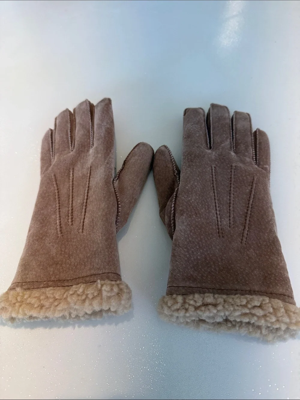 Brown Suede Faux Shearling-Trim Winter Gloves